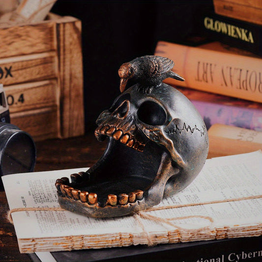 Skull Tray with Perched Raven, Aged Finish, view 2