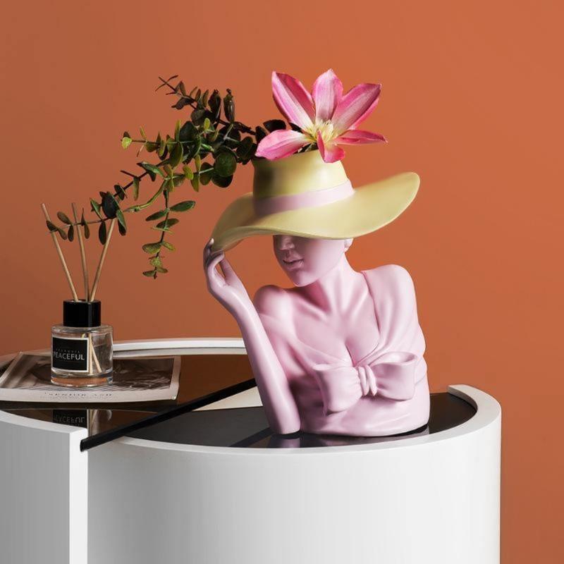 Resin Lady Head Vase with Hat Brim, 8.6 in Tall, view 5