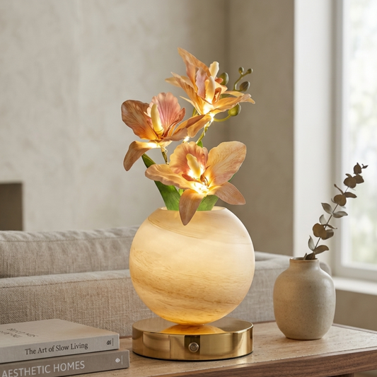 Faux Orchid Table Lamp with Glowing Globe Base, view 2