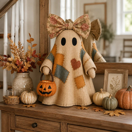 Halloween Patchwork Ghost Lamp with Pumpkin Lantern, view 2