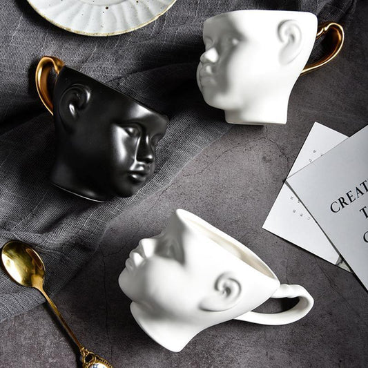 Sculpted Face Porcelain Mug, White or Black, view 2