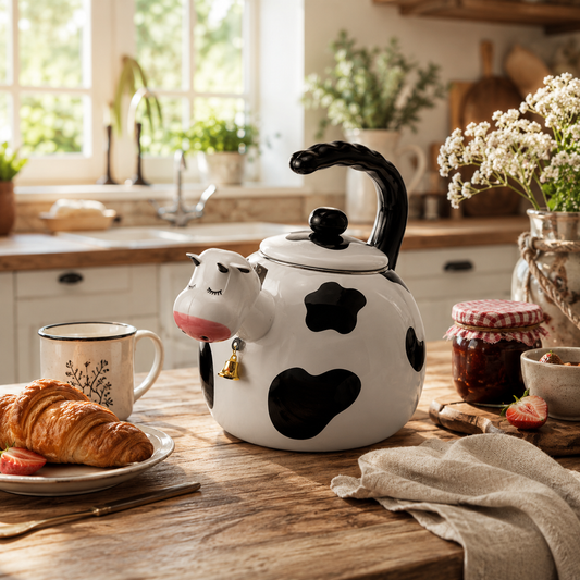 Cow Face Enamel Stovetop Tea Kettle with Bell, view 2