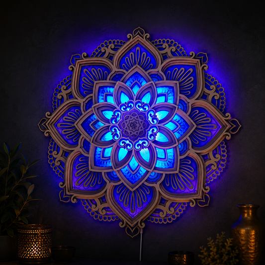 Layered Wood Mandala Wall Light, 11.8 in, USB, view 2