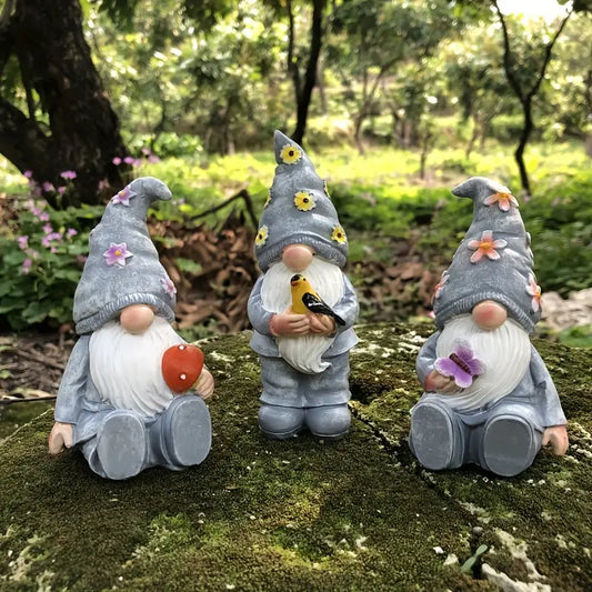 Set of 3 Seated Garden Gnome Figures, Resin, 5 in, view 2