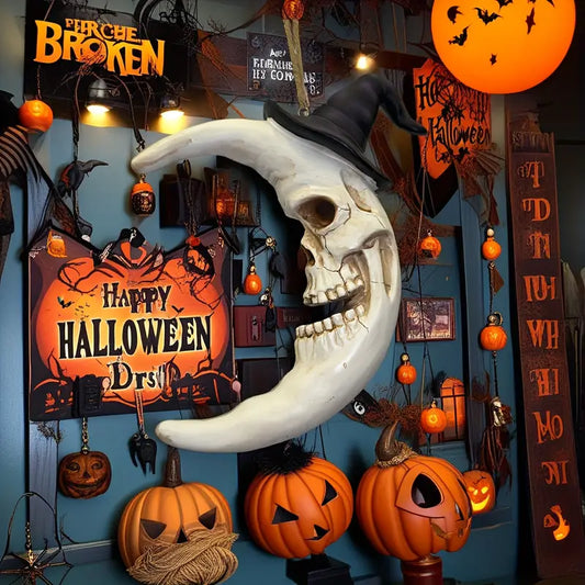 Crescent Moon Skull Ornament with Witch Hat, view 2