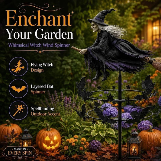 Flying Witch Wind Spinner Garden Stake with Bats, view 2