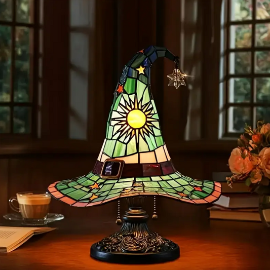 Stained Glass Witch Hat Lamp with Sun and Stars, view 2