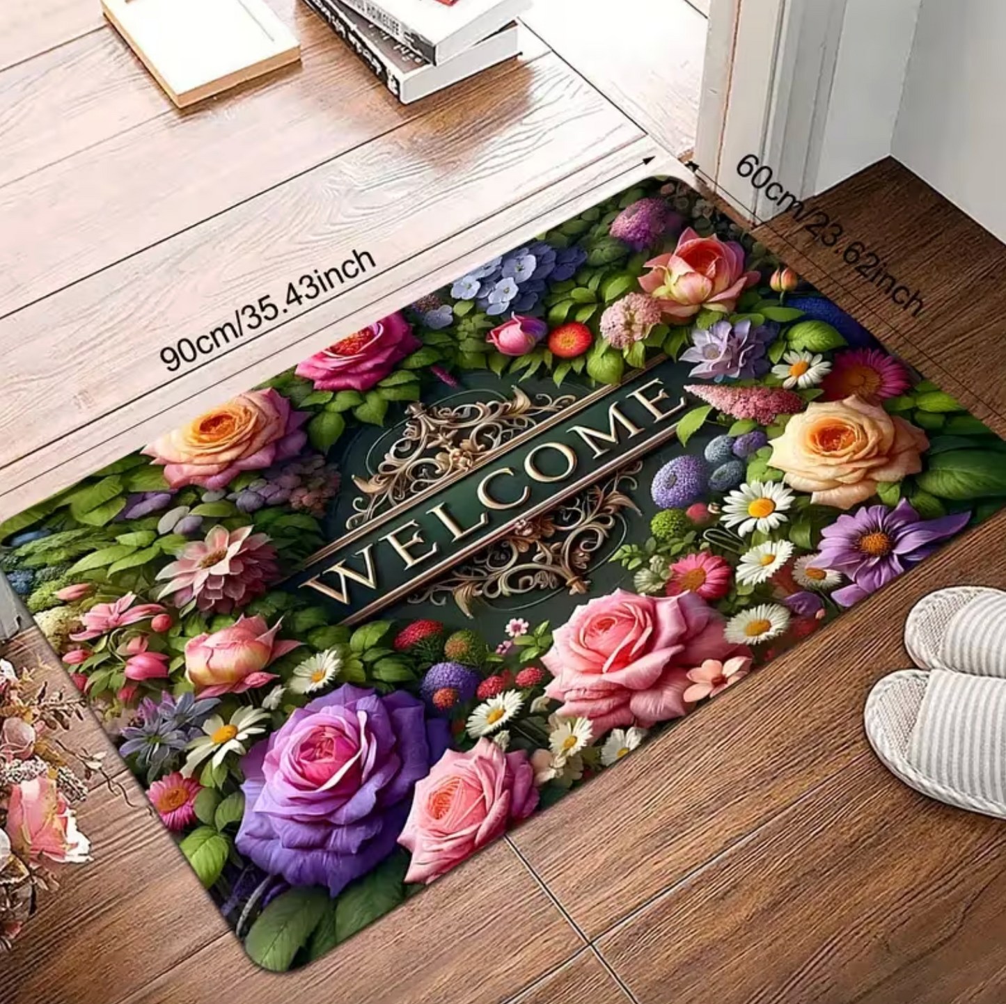 Floral Welcome Mat with Gold Lettering, Two Sizes, view 4