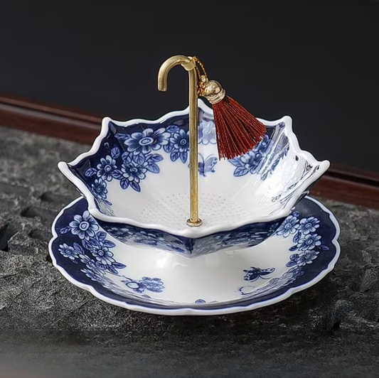 Ceramic Umbrella Tea Infuser with Blue Floral Print, view 2
