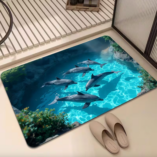 Dolphin Ocean Print Bath Mat, Non Slip Backing, view 2
