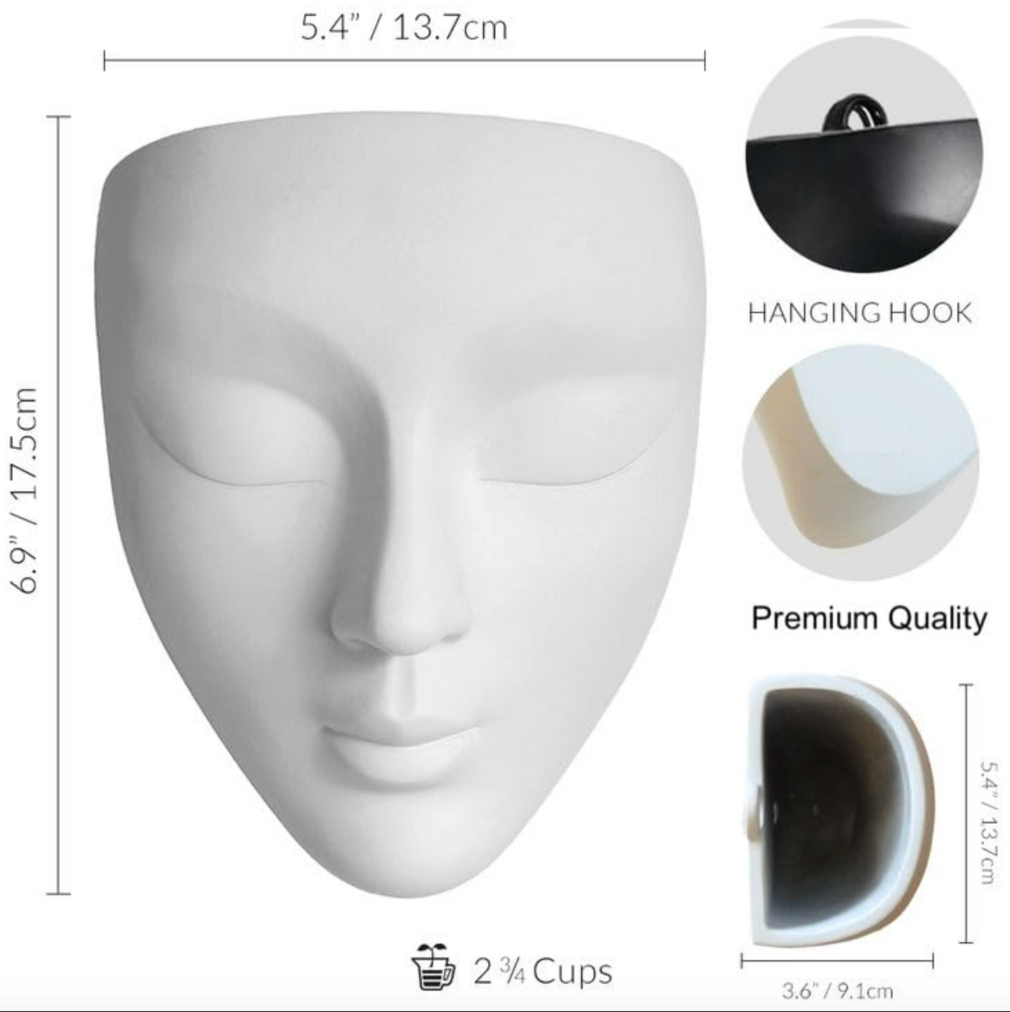 Ceramic Face Wall Planter in Matte Black or White, view 8