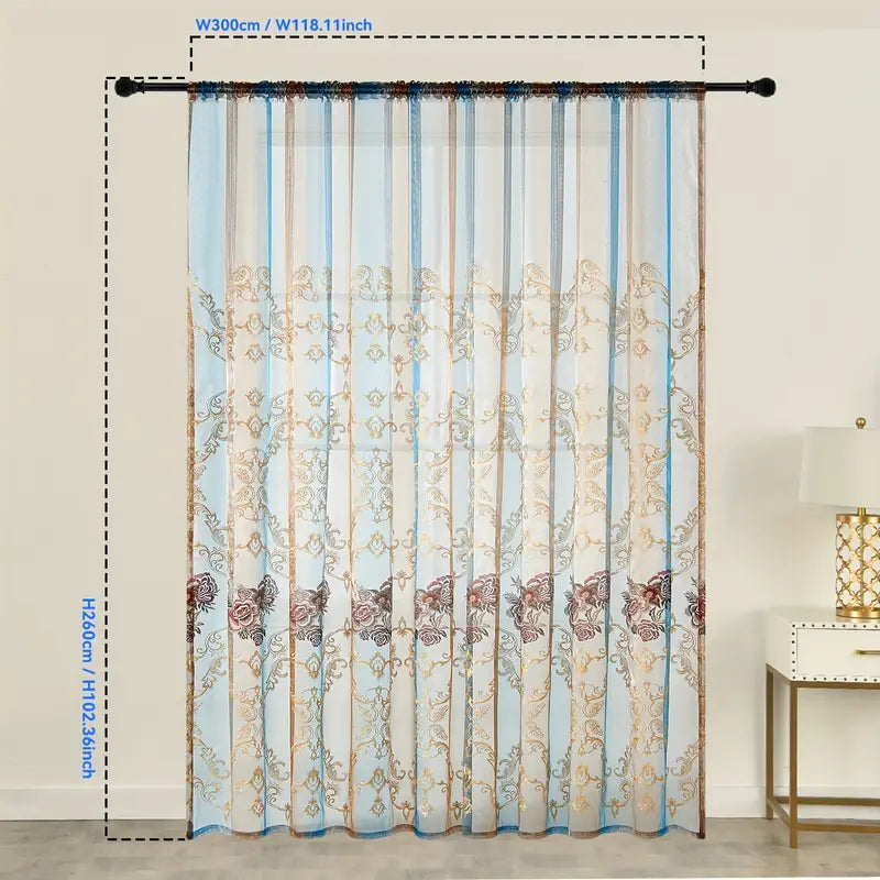 Sheer Embroidered Jacquard Curtain, Floral Motif, view 9