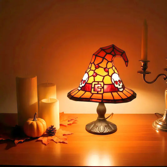 Stained Glass Witch Hat Lamp, Bat or Skull, view 2