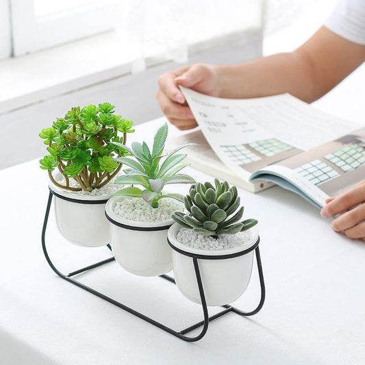 Three White Ceramic Pots on a Metal Stand, view 2