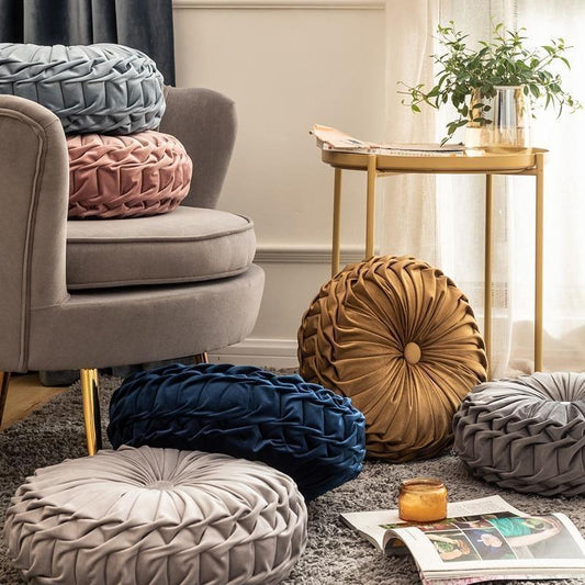 Round Velvet Ruffle Cushion with a Center Button, view 2