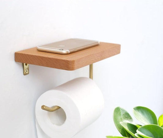 Wooden Toilet Paper Holder with Shelf and Brass Hook, view 2