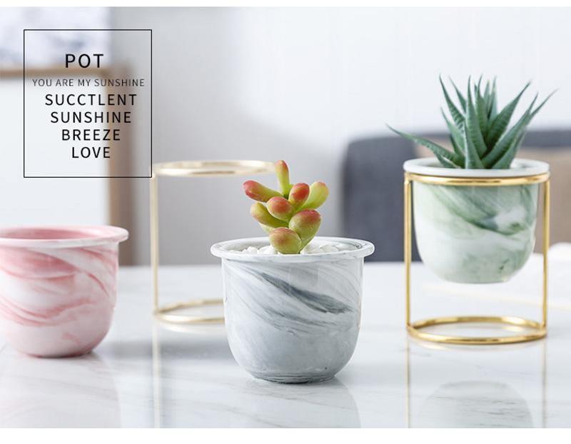 Marbled Ceramic Planter with Gold Metal Stand, view 12