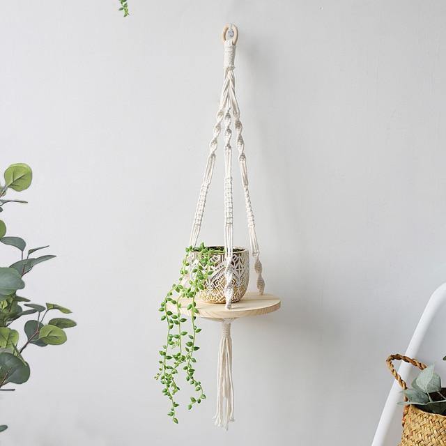 Macrame Rope Hanging Shelf in Recycled Wood, view 8