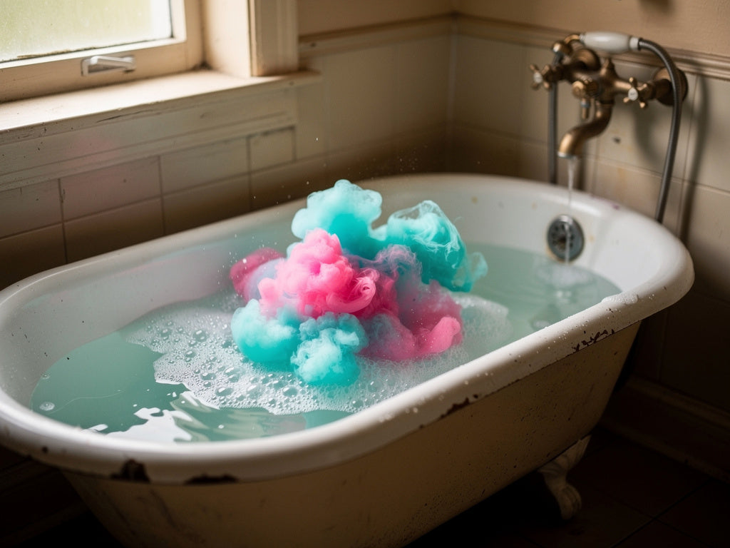 A colorful bath bomb dissolving and fizzing in a child's bathtub.