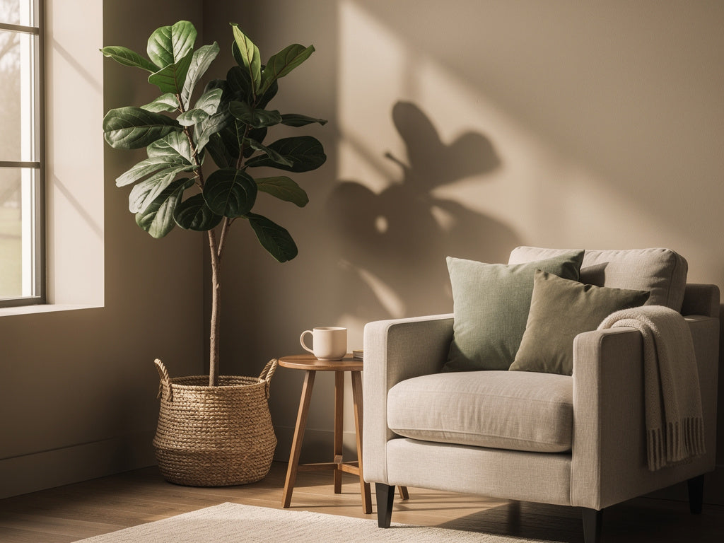 A realistic faux fiddle-leaf fig styled in a woven basket in a bright living room corner