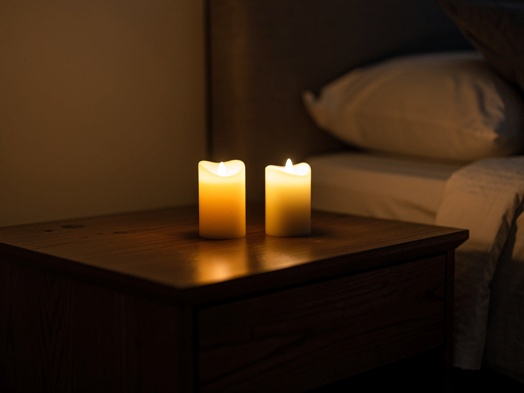 Two LED taper candles glowing on a nightstand at night