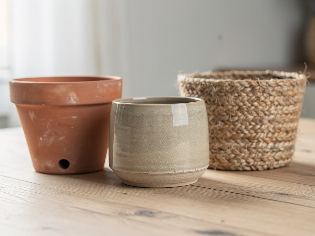 A terracotta pot, a glazed ceramic planter, and a woven basket planter grouped together on a table