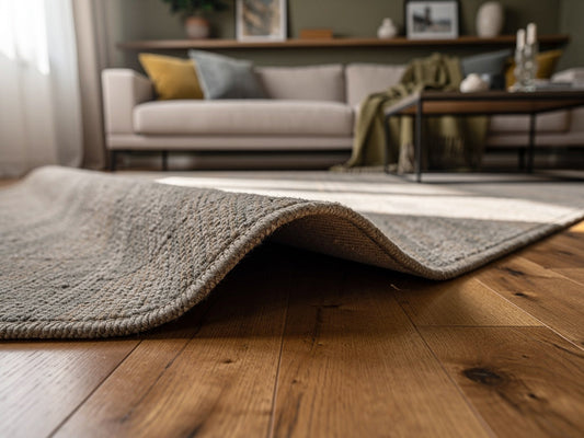 Corner of an area rug folded back on a hardwood floor to show the wood underneath.