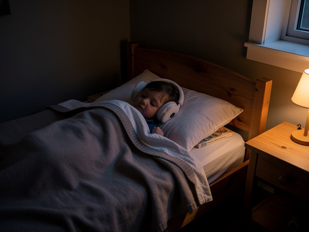 A sleeping child wearing a soft fabric headband with built-in speakers instead of hard-shell headphones