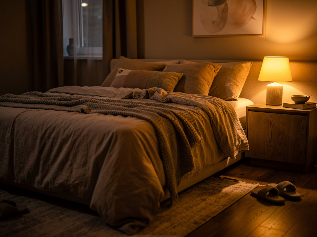 A bedroom softly lit by a single warm lamp at night