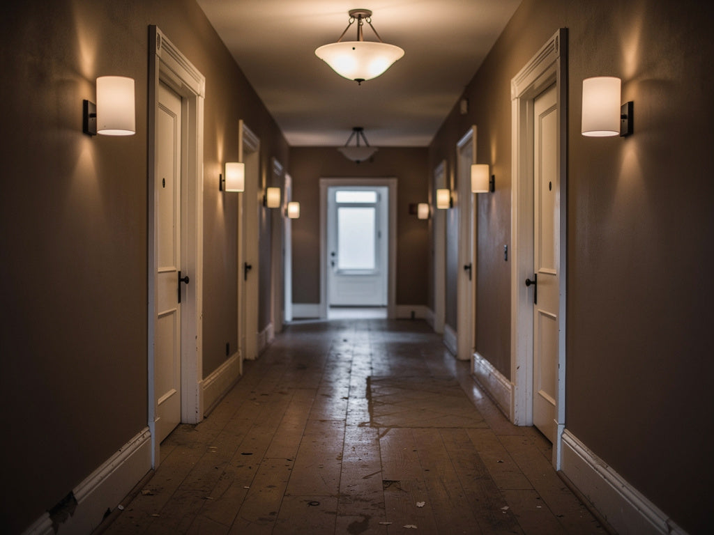 A hallway lit evenly end to end by a ceiling fixture and wall sconces spaced along its length.