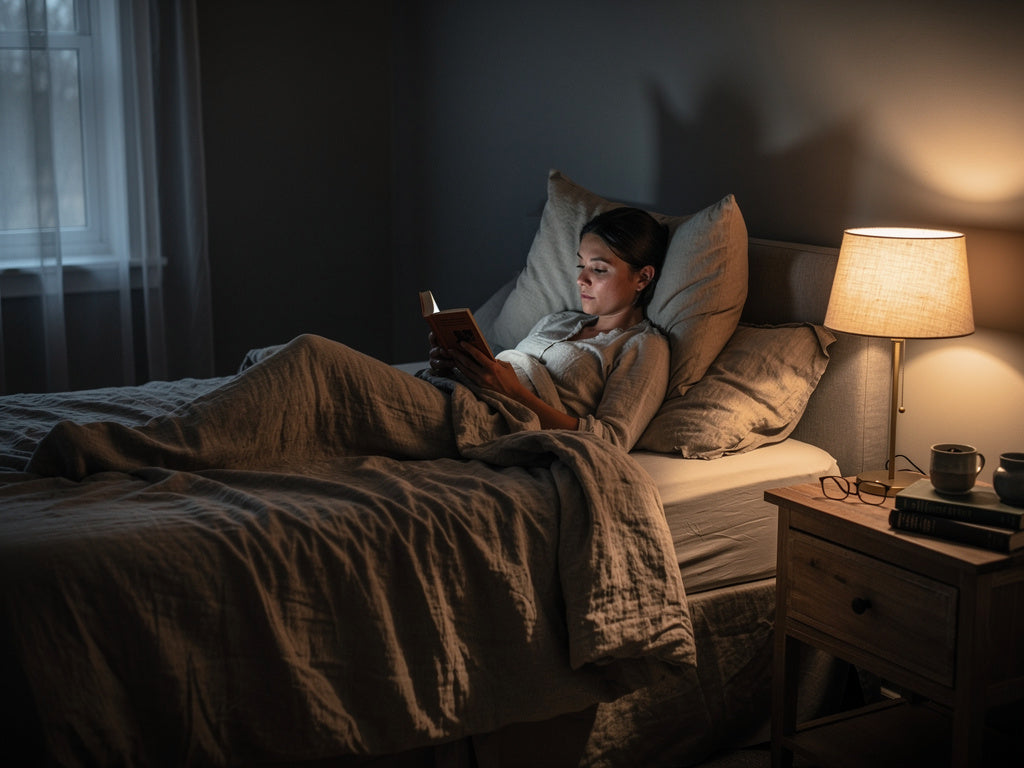 A person reading in bed lit by a single bedside table lamp.
