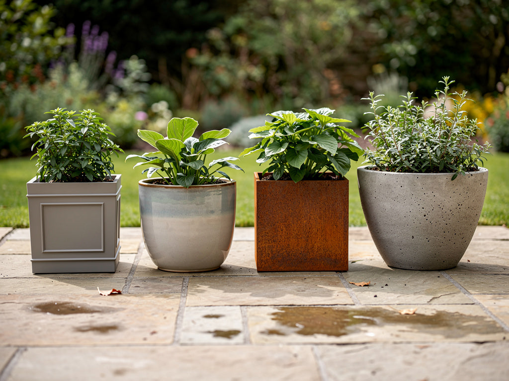 Four outdoor planters in resin, ceramic, corten steel, and concrete lined up on a patio