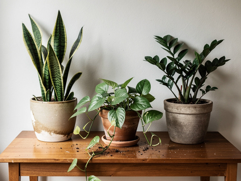 Snake plant, pothos, and ZZ plant grouped together in a low-light apartment corner