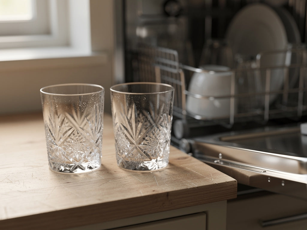Two faceted crystal tumblers on a kitchen counter beside an open dishwasher rack