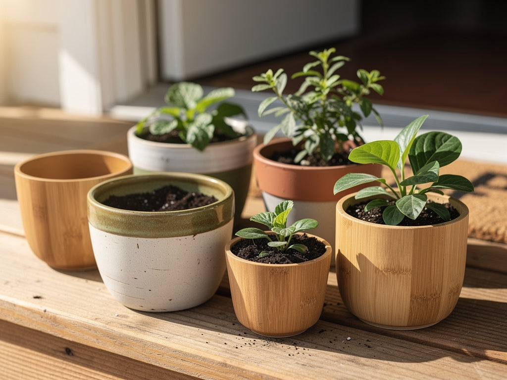 Assorted glazed ceramic and bamboo indoor plant pots arranged on a sunny porch step