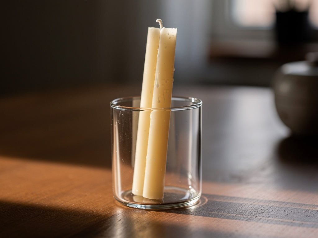 A taper candle sitting slightly crooked in a glass candle holder