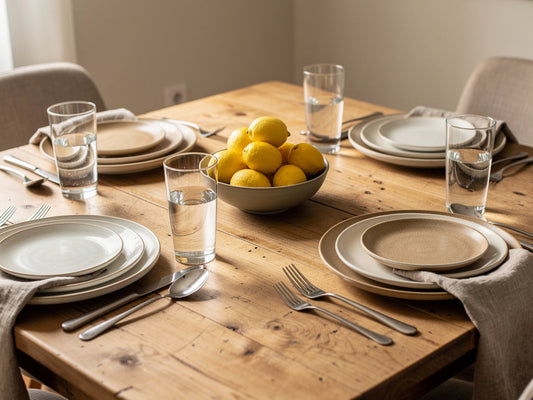 Wide angled view of a full casual dinner table set for four with mismatched plates and a low bowl centerpiece.