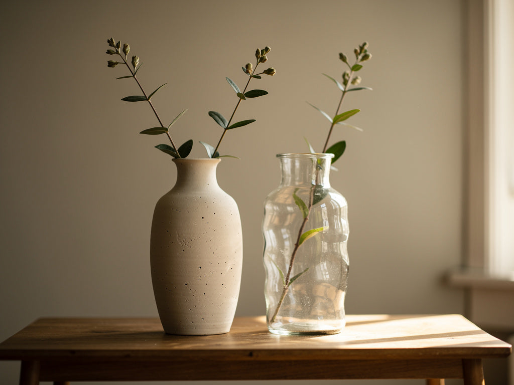 A ceramic vase and a glass vase standing side by side on a wood table