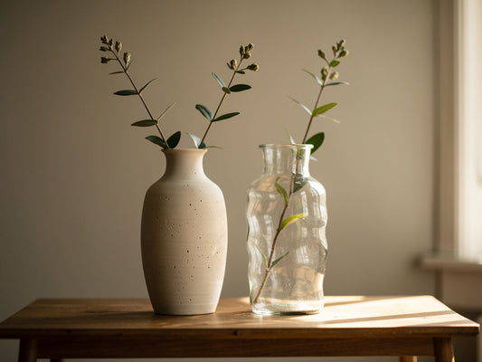 A ceramic vase and a glass vase standing side by side on a wood table
