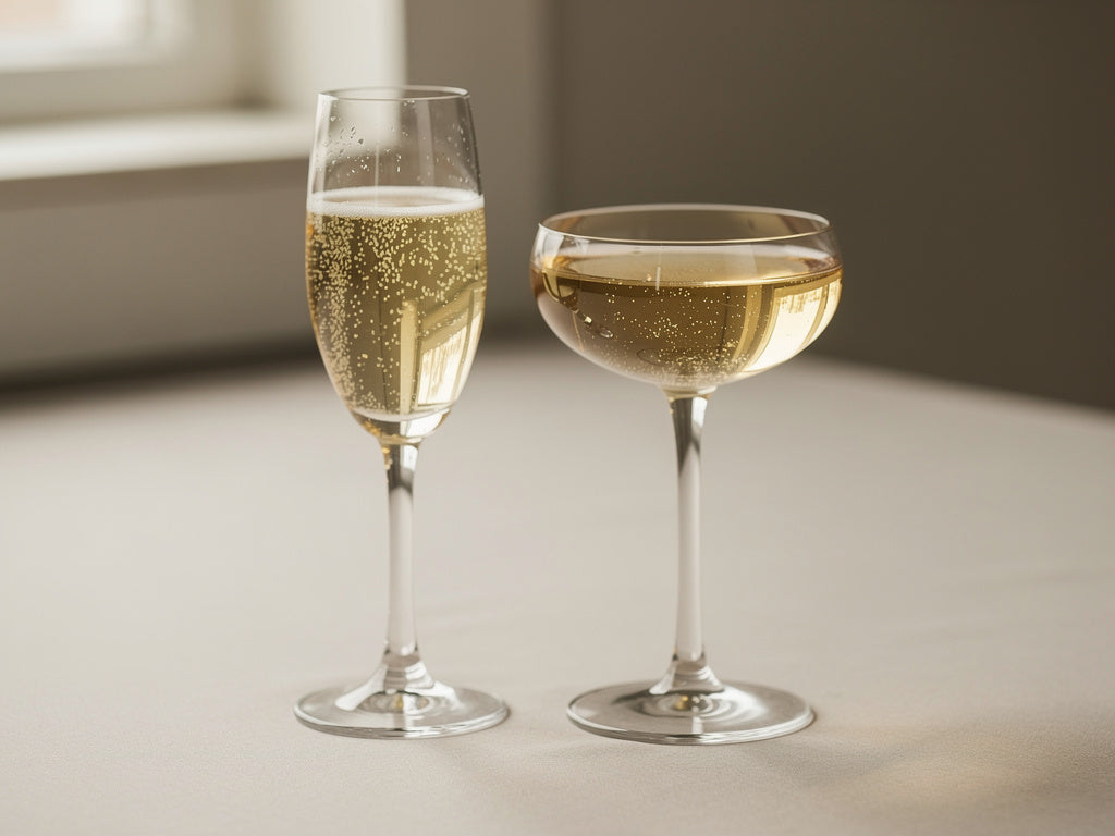 A champagne flute and a champagne coupe standing side by side, both filled with sparkling wine