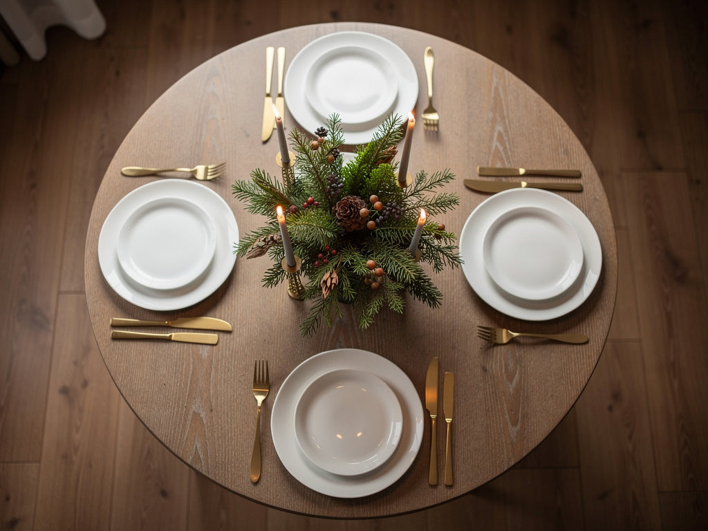 Small round table set for four with a low Christmas centerpiece and gold flatware