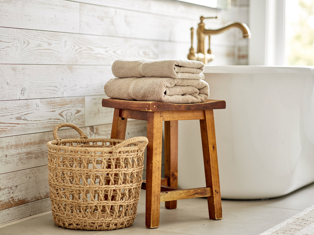 Coastal-style bathroom with shiplap wall, teak stool and woven basket, no seashell decor in sight.