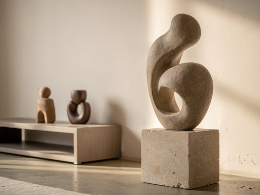 A living room corner styled with a large floor sculpture on a stone plinth and a console with smaller sculptural pieces in the background.