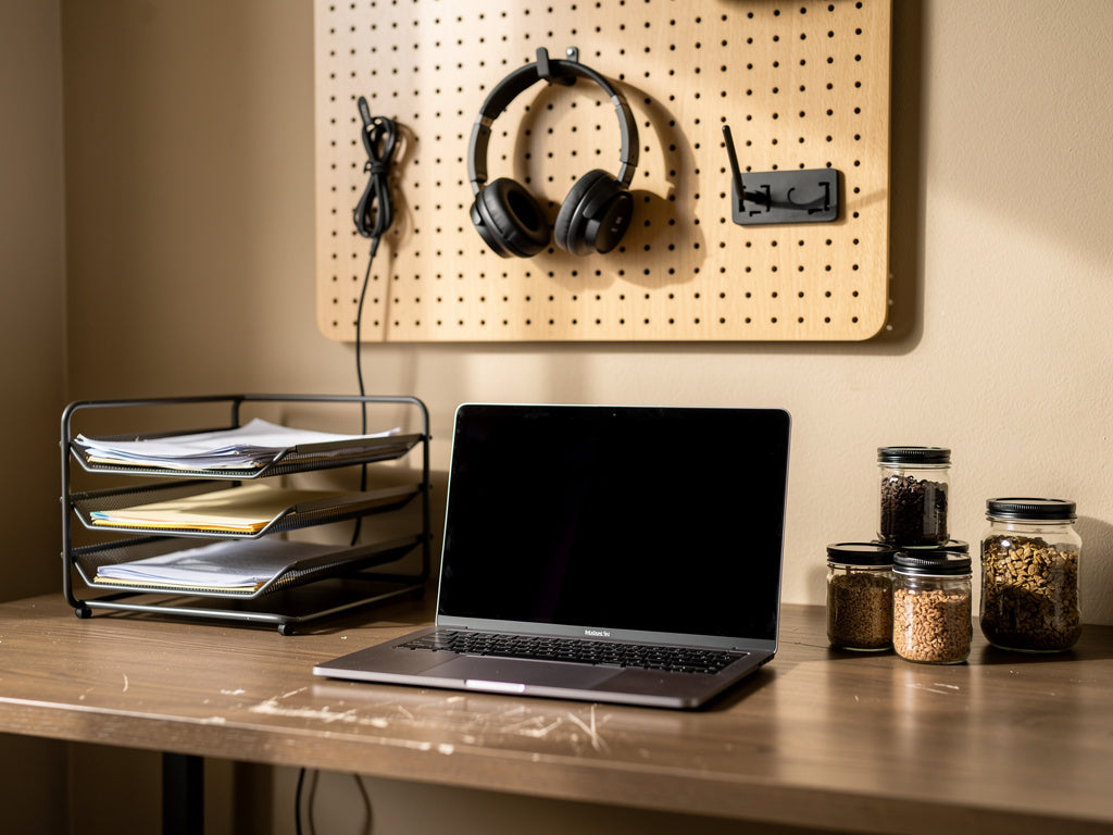 Organized home desk with a letter tray, labeled jars, and a pegboard with routed cables on the wall behind it