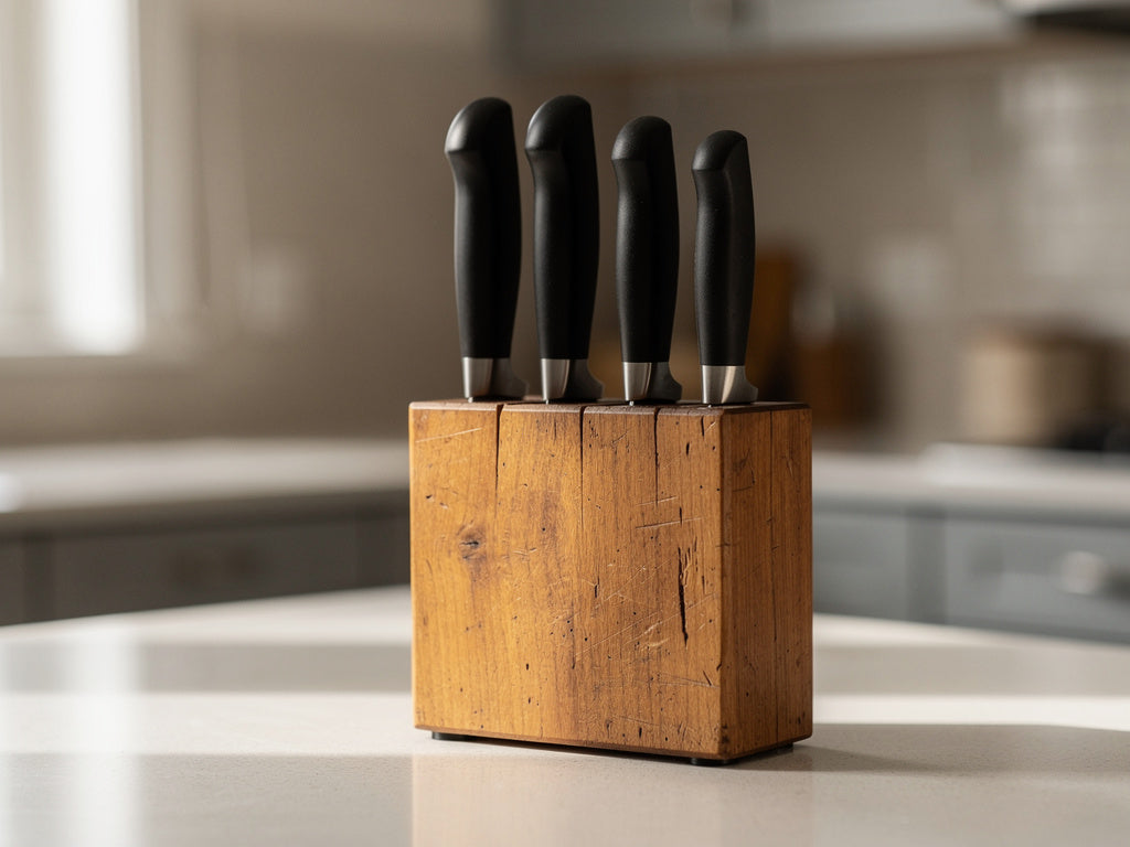 A wood knife block on a kitchen counter with several knife handles visible above the slots