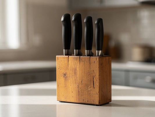 A wood knife block on a kitchen counter with several knife handles visible above the slots