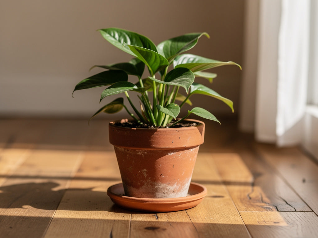 A potted plant sitting in a saucer on a wood floor.