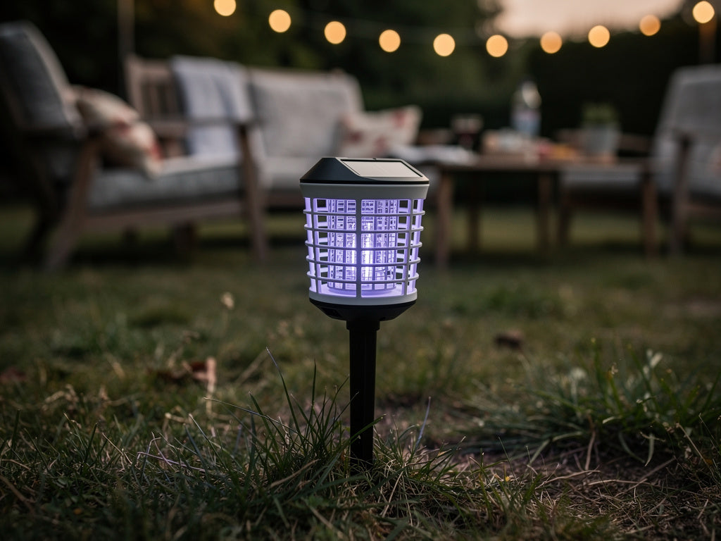 A solar bug zapper glowing on its ground stake in a backyard at dusk