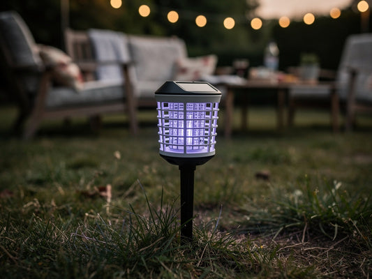 A solar bug zapper glowing on its ground stake in a backyard at dusk