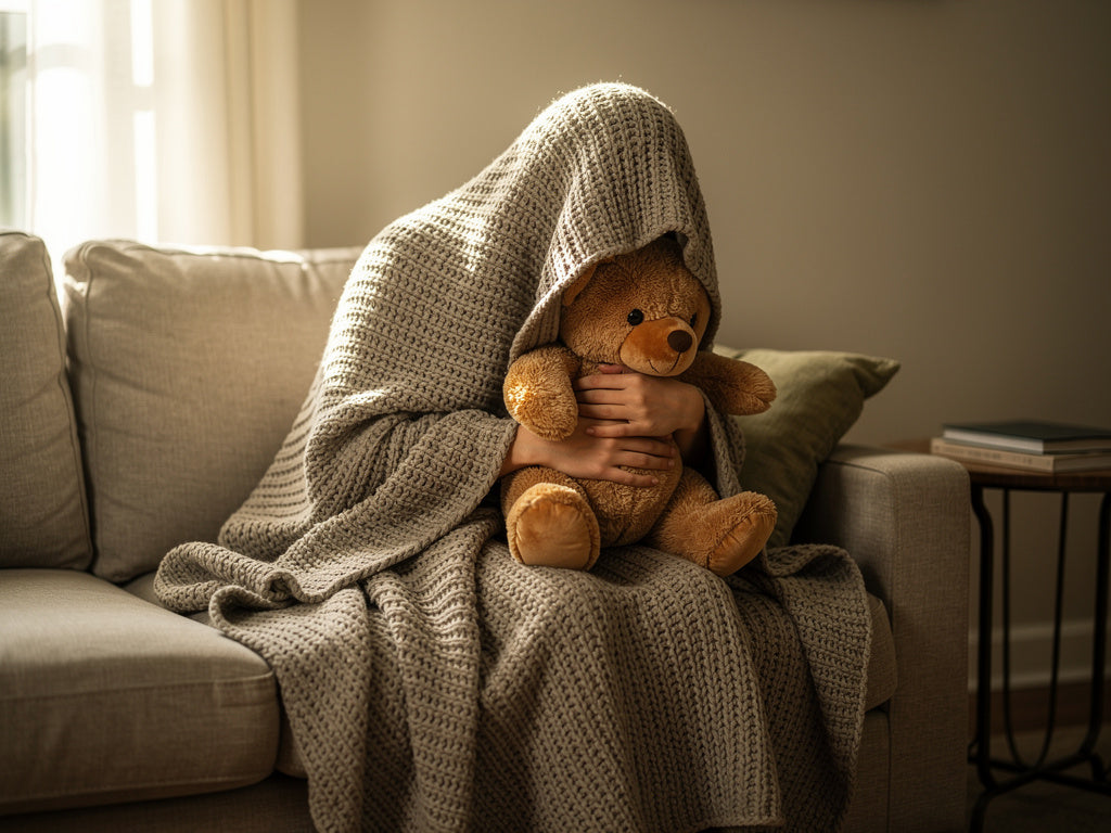 Adult curled up on a couch hugging a large stuffed teddy bear